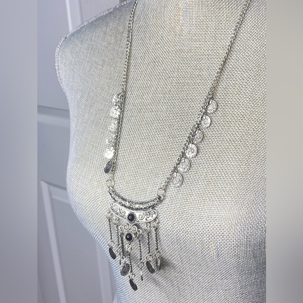 FESTIVAL ANTIQUE BOHEMIAN SILVER TASSEL COIN NECKLACE #145